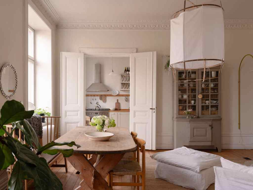 A living room with off-white walls and warm wood tones, vintage dining table