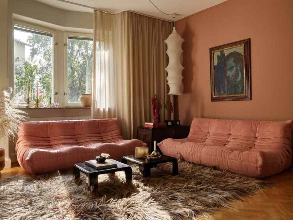 Pink living room walls paired with pink sofas and a shaggy rug