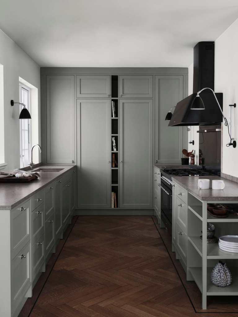 A grey shaker kitchen in a galley layout