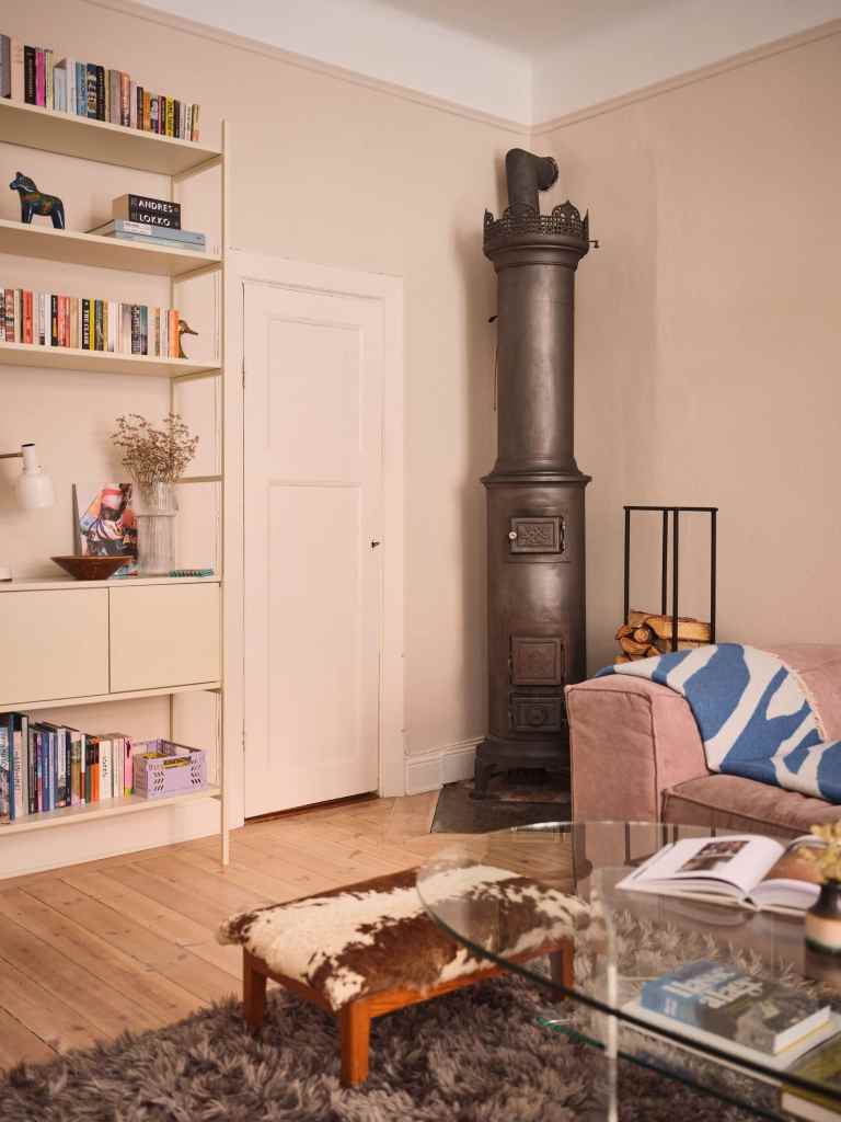 A living room corner with a cast iron fireplace