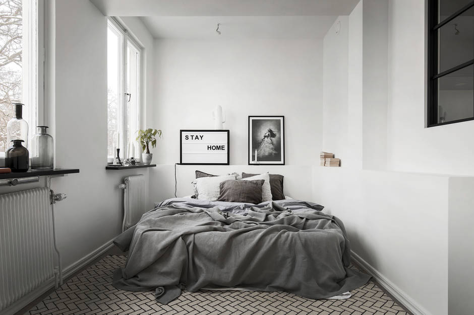 A black, white and grey bedroom design